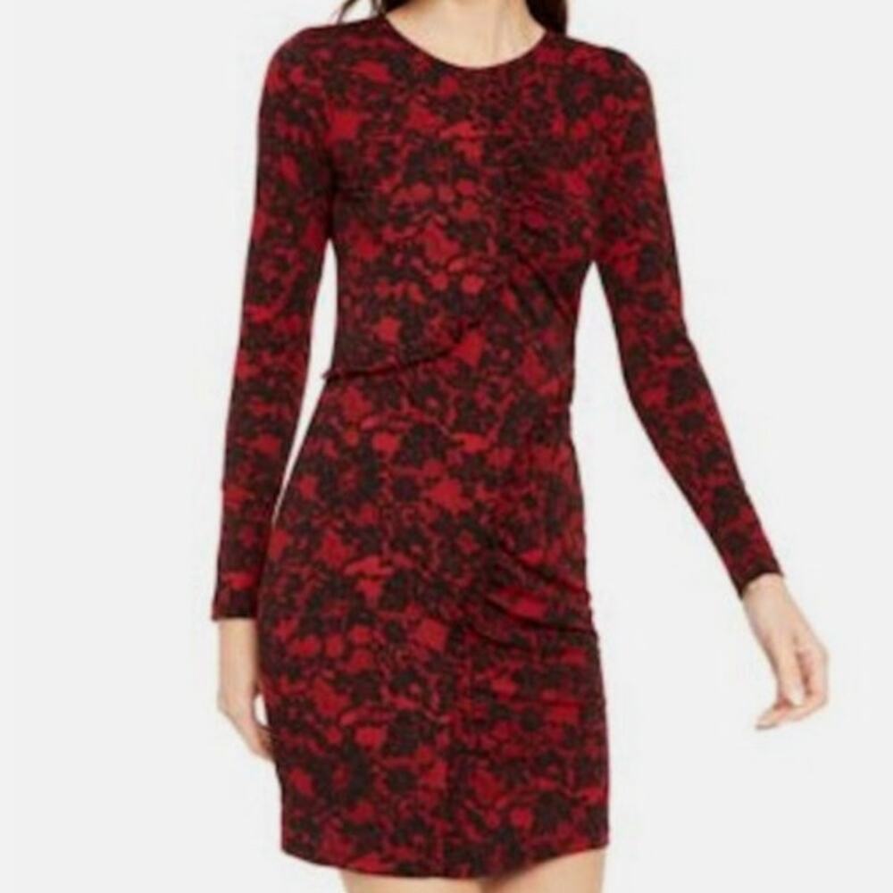 NWT‎ Michael Kors Red Lace Print Ruffle Detail Long Sleeve Dress